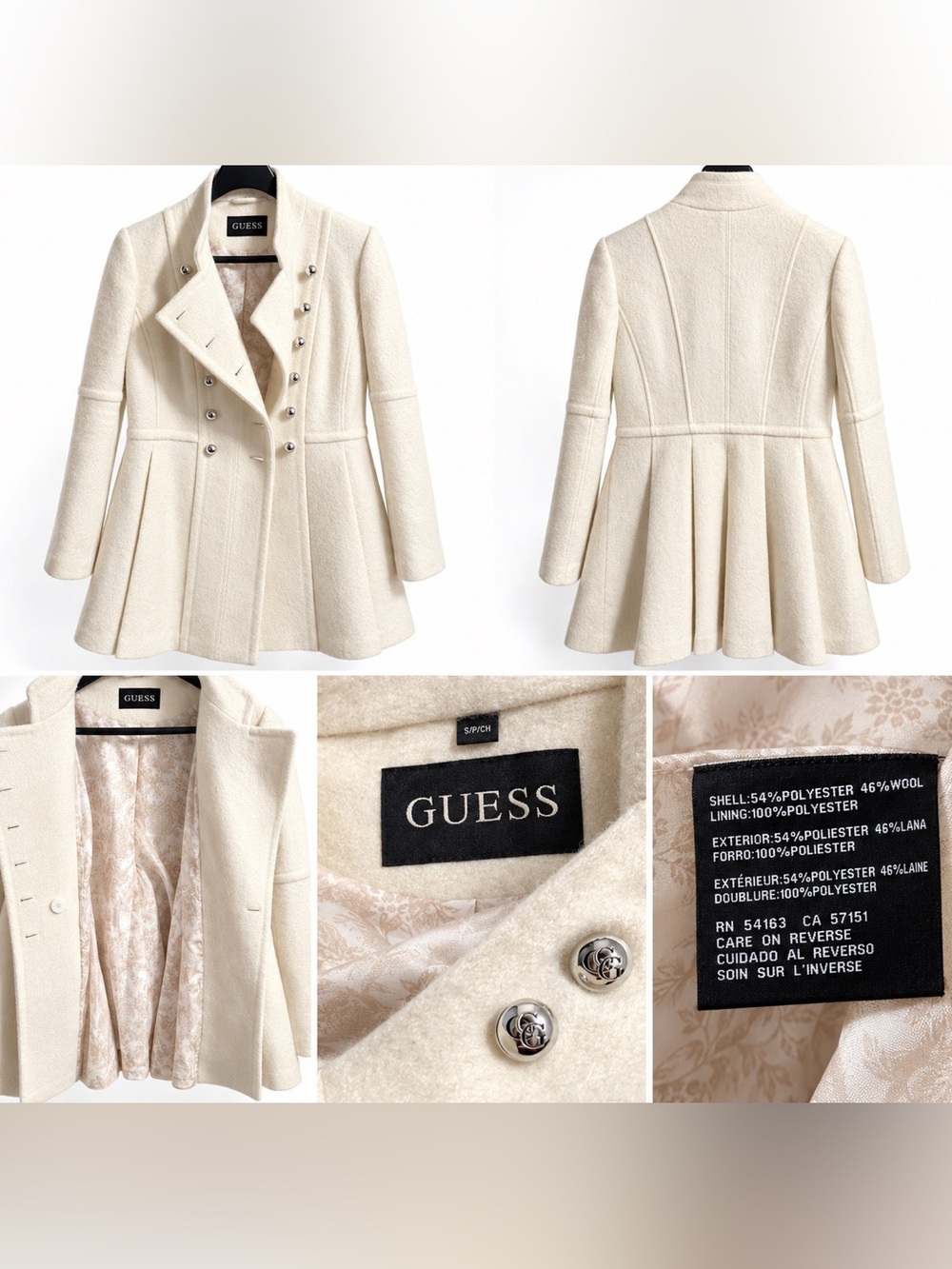 GUESS Women's Cream Wool-Blend Peacoat princess style XXL